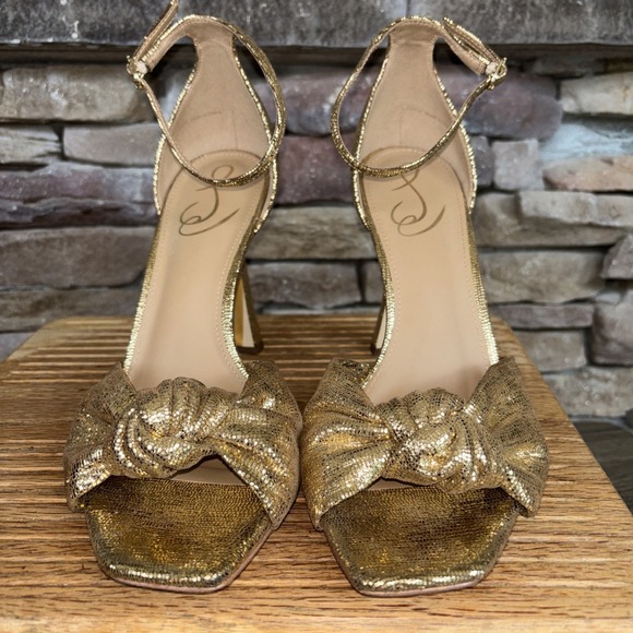 SAM EDELMAN Gold Glitter Metallic Bow High Heel Sandal Ankle Strap Women's 9 - Picture 2 of 16